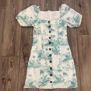 Linen Lux Puff Sleeve Button Front Mini Dress – Tropical Palm Print – Size S